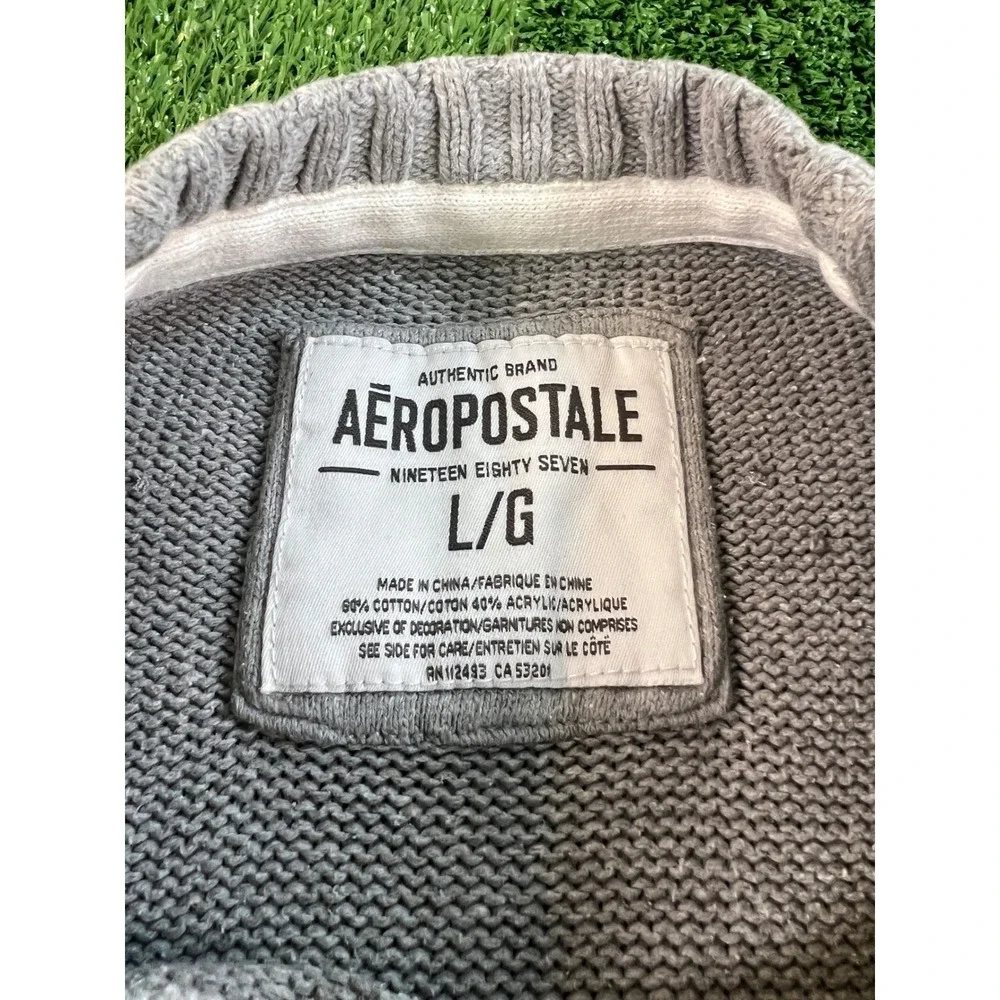 Aeropostale Mens NY EST 87 Crewneck Sweater Gray Chunky Knit Pullover Large